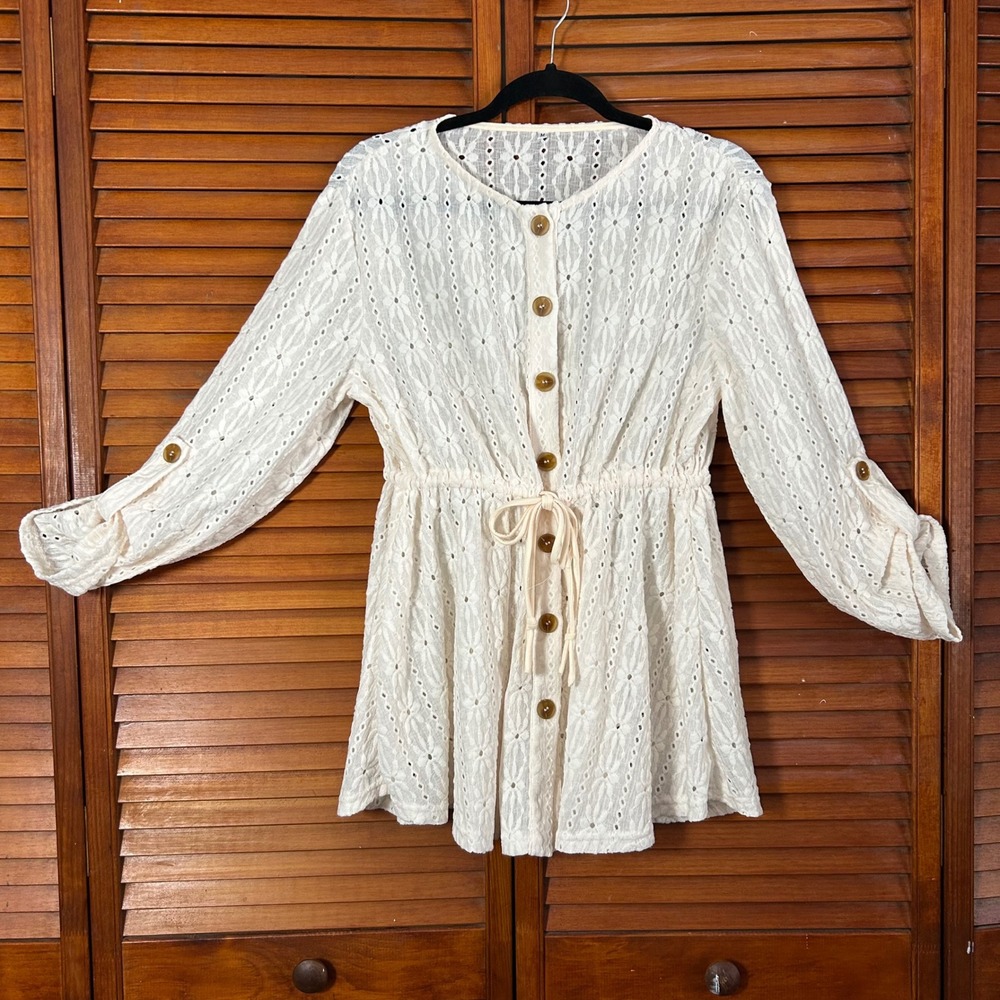Women's Boho Cream Eyelet Lace Button  Peplum Blouse Drawstring‎ Waist Medium